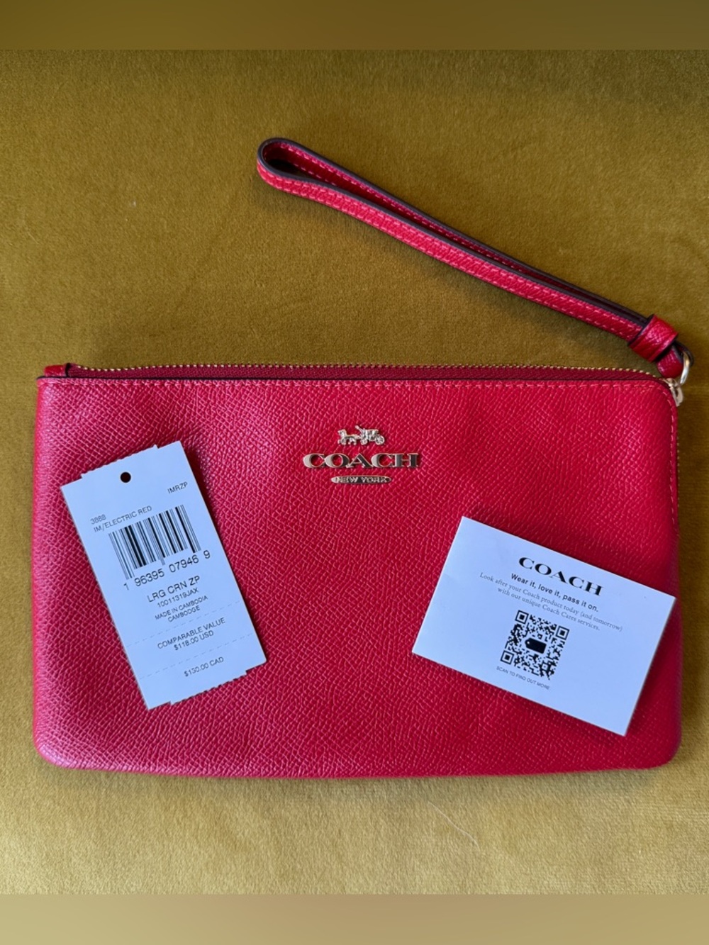 Coach Bright Red Leather Wristlet with Gold Logo